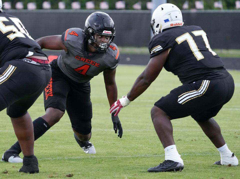 Spruce Creek's Derry Norris (4) during a spring game with Oakleaf at Spruce Creek High School in Port Orange, Friday, May 26, 2023. 