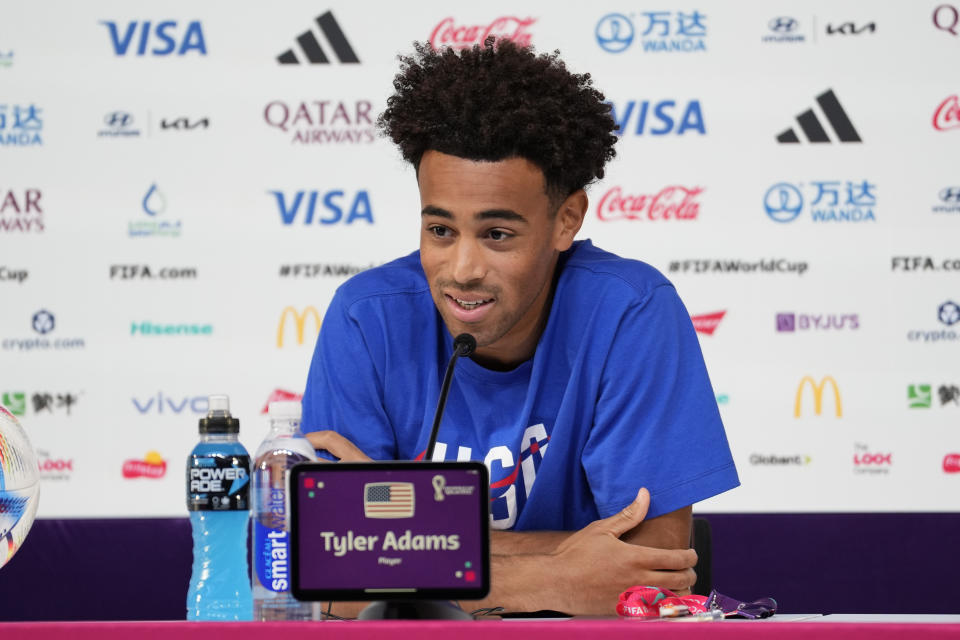 FILE - Tyler Adams of the United States attends a press conference on the eve of the round of 16 World Cup soccer match between the Netherlands and the United States at Kalifa International Stadium, in Doha, Qatar, Friday, Dec. 2, 2022. Tyler Adams was voted the U.S. Soccer Federation’s Male Player of the Year for the first time on Friday, Jan. 13, 2023, after becoming the youngest captain at last year’s World Cup. (AP Photo/Ashley Landis, File)