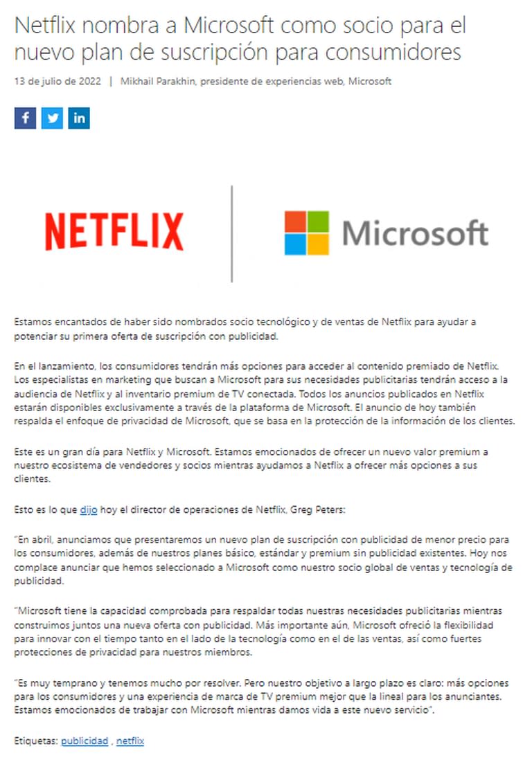 El comunicado de Microsoft sobre su unión con Netflix (Foto: blogs.microsoft.com)