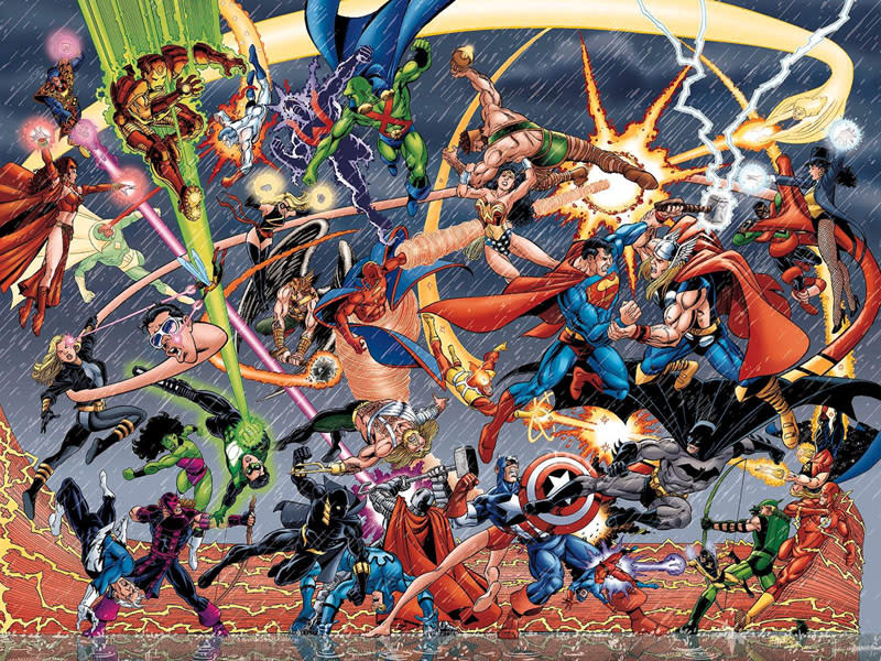 The wrap around cover for JLA/Avengers #2 by George Perez