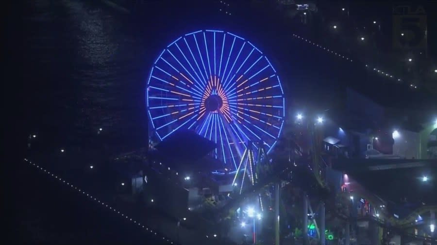 The Ferris wheel on the Santa Monica Pier honored KTLA broadcaster Sam Rubin on May 10, 2024. (KTLA)