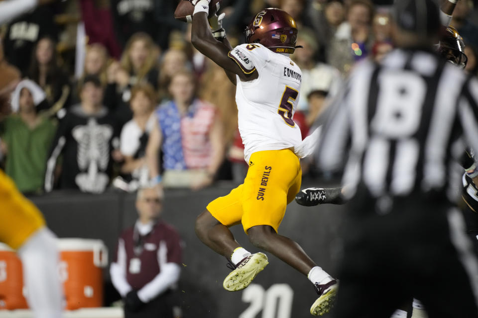 Arizona State defensive back Chris Edmonds intercepts a pass in the second half of an NCAA college football game against Colorado, Saturday, Oct. 29, 2022, in Boulder, Colo. (AP Photo/David Zalubowski)