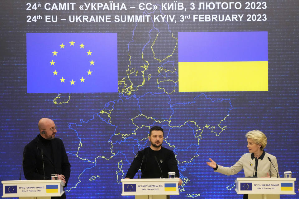 Ukrainian President Volodymyr Zelenskyy, center, European Commission President Ursula von der Leyen, right, and European Council President Charles Michel address a media conference after the EU-Ukraine summit in Kyiv, Ukraine, Friday, Feb. 3, 2023. (AP Photo/Efrem Lukatsky)