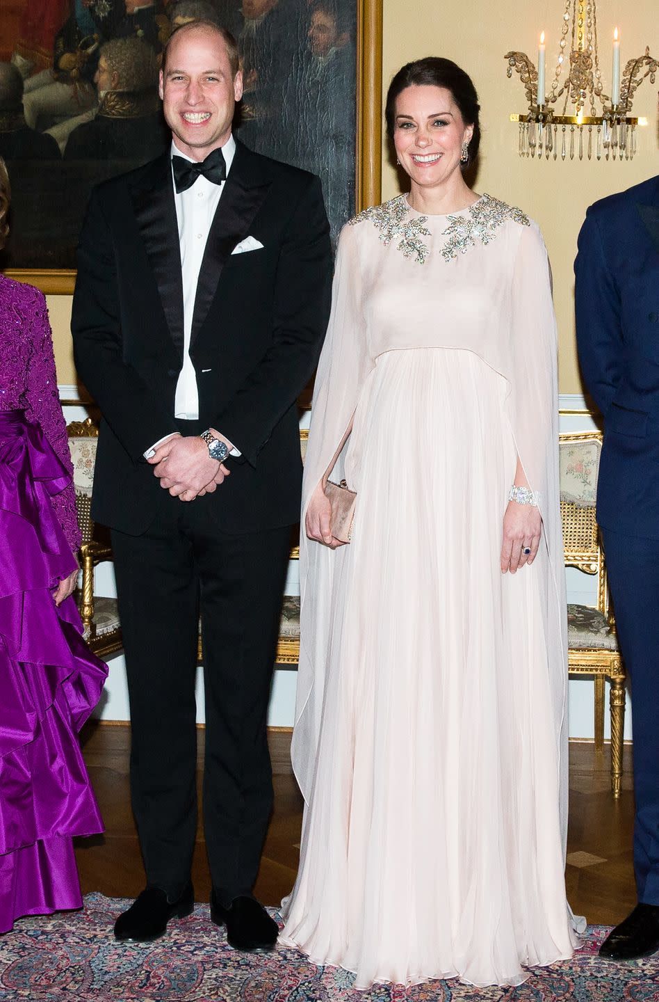 <p>Will and Kate embarked on<a href="https://www.townandcountrymag.com/society/tradition/g15917756/photos-kate-middleton-royal-tour-sweden-norway-2018/" rel="nofollow noopener" target="_blank" data-ylk="slk:a royal tour of Norway and Sweden;elm:context_link;itc:0;sec:content-canvas" class="link "> a royal tour of Norway and Sweden</a> in early 2018. The Duchess chose an ethereal blush pink gown by Alexander McQueen that featured a cape and stunning crystal detailing for a formal state dinner during the royal visit. </p>