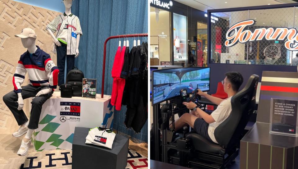 A photo of Tommy Hilfiger Awake NY Mercedes-AMG F1 collab; a F1 fan trying out the driving game. (PHOTO: Reta Lee/Yahoo Singapore)