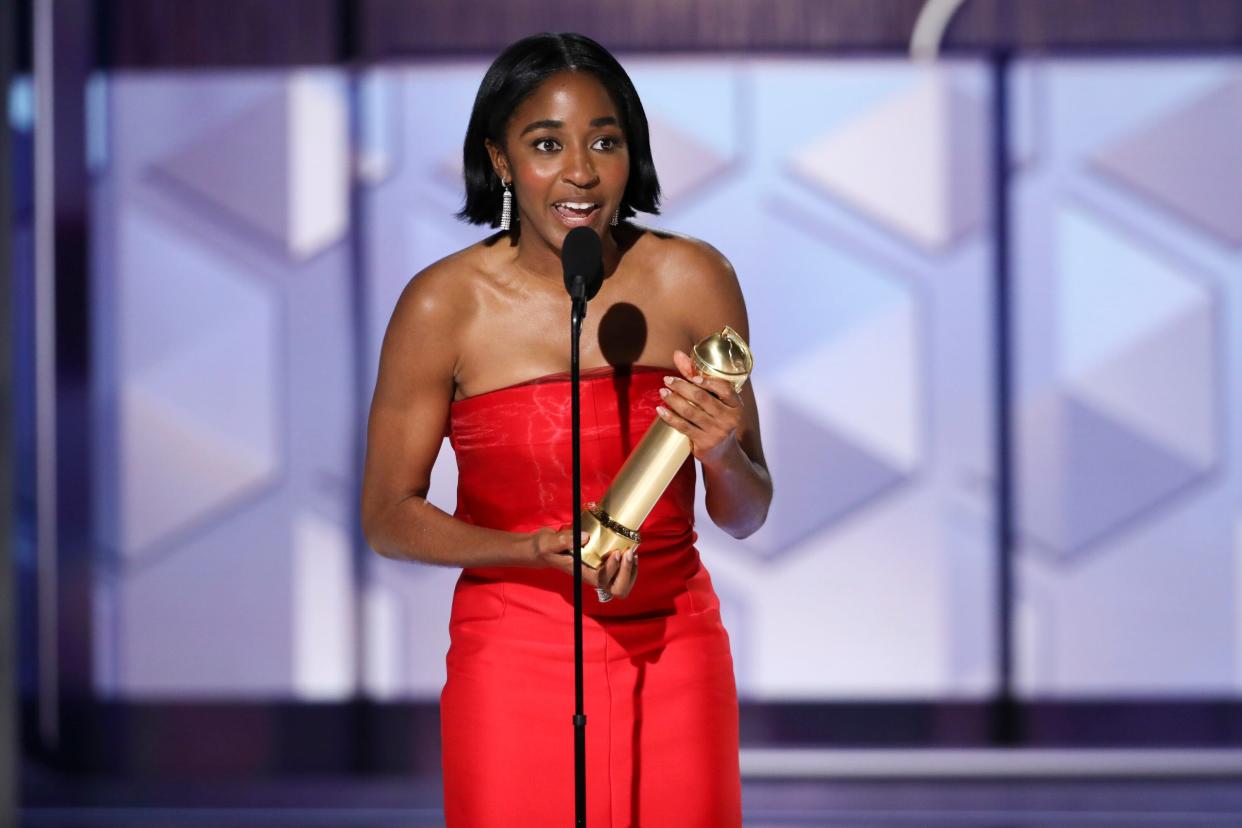 "The Bear" favorite Ayo Edebiri accepts the award for best performance by a female actor in a television series musical or comedy at the Golden Globes.