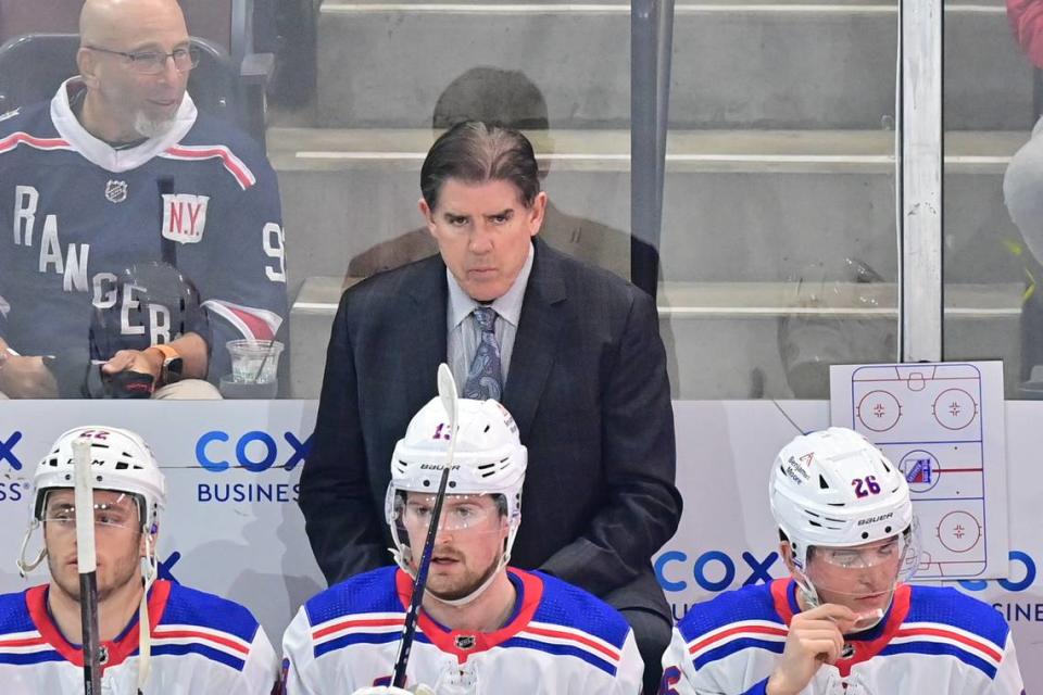 New York Rangers head coach Peter Laviolette looks on prior to the game against the <a class="link " href="https://sports.yahoo.com/nhl/teams/arizona/" data-i13n="sec:content-canvas;subsec:anchor_text;elm:context_link" data-ylk="slk:Arizona Coyotes;sec:content-canvas;subsec:anchor_text;elm:context_link;itc:0">Arizona Coyotes</a> at Mullett Arena. Matt Kartozian/Matt Kartozian-USA TODAY Sports