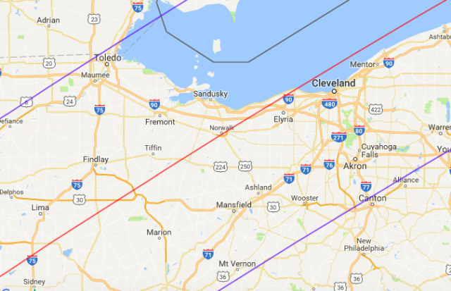 Map details path of April 2024 total solar eclipse, including the central line, in red.