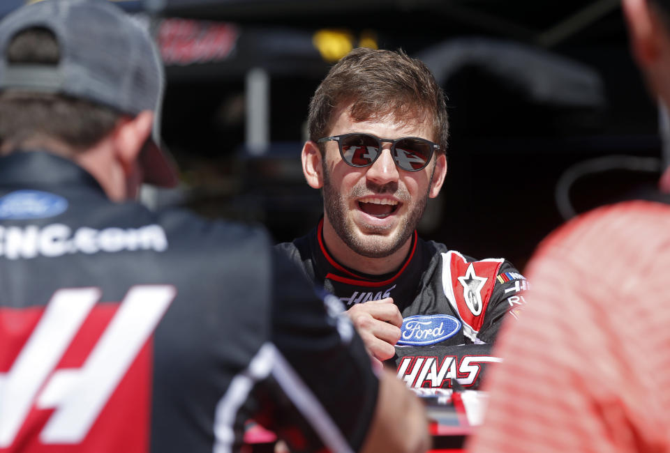 Driver Daniel Suarez is seen before practice for a NASCAR Cup Series auto race, Friday, April 5, 2019, in Bristol, Tenn. (AP Photo/Wade Payne)