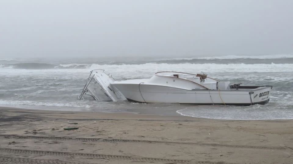 The GoodRun, a 30-foot recreational vessel sits near shore 2.5 miles south of Oregon Inlet, North Carolina, March 4, 2024. - US Coast Guard