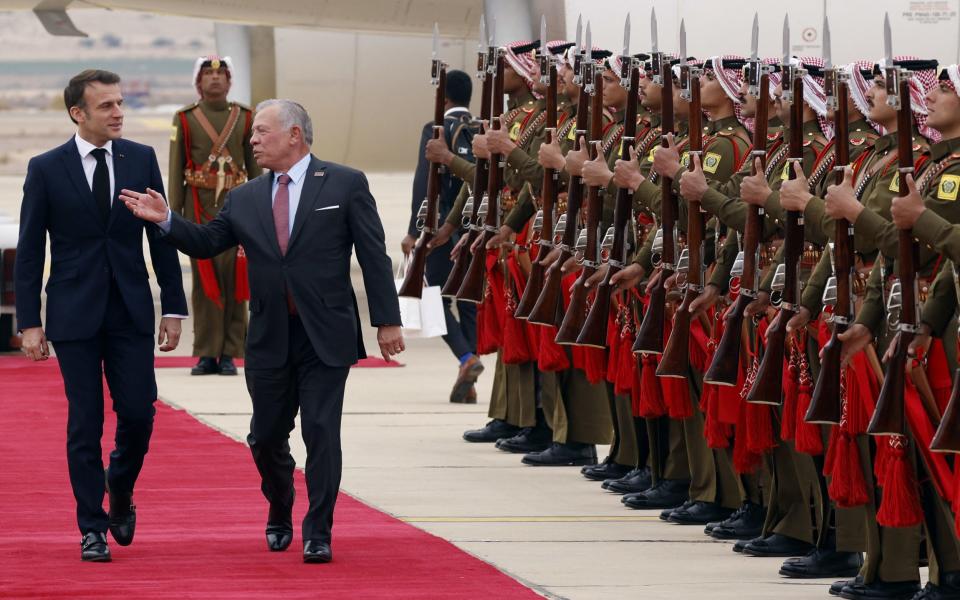 King Abdullah II welcomes Emmanuel Macron at Jordan's Aqaba airport