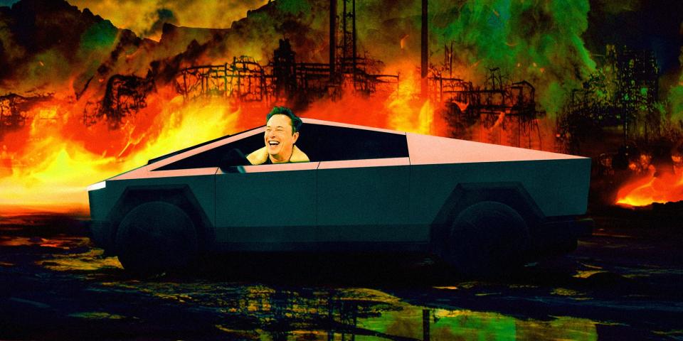 Elon Musk laughing in a Cybertruck surrounded by flames