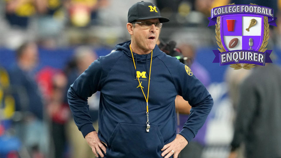 Jim Harbaugh aus Michigan wirft einen Blick auf das Feld Kirby Lee-USA TODAY Sports