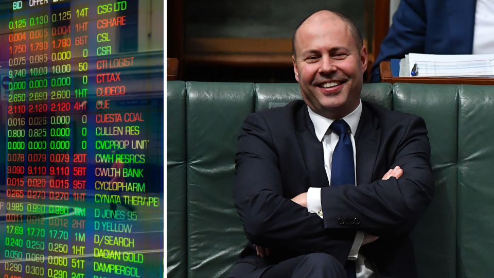 The ASX board showing company price changes and Treasurer Josh Frydenberg with a smile on his face.