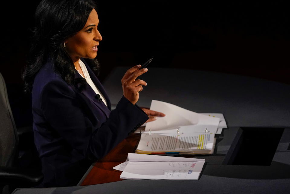 Moderator Kristen Welker of NBC News asks a question during the second and final presidential debate at the Curb Event Center at Belmont University in Nashville, Tennessee, U.S., October 22, 2020. (Morry Gash/Pool via Reuters)