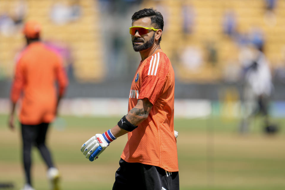 India's Virat Kohli attends a practice session ahead of the ICC Men's Cricket World Cup match between India and Netherlands in Bengaluru, India, Sunday, Nov. 12, 2023. (AP Photo/Aijaz Rahi)