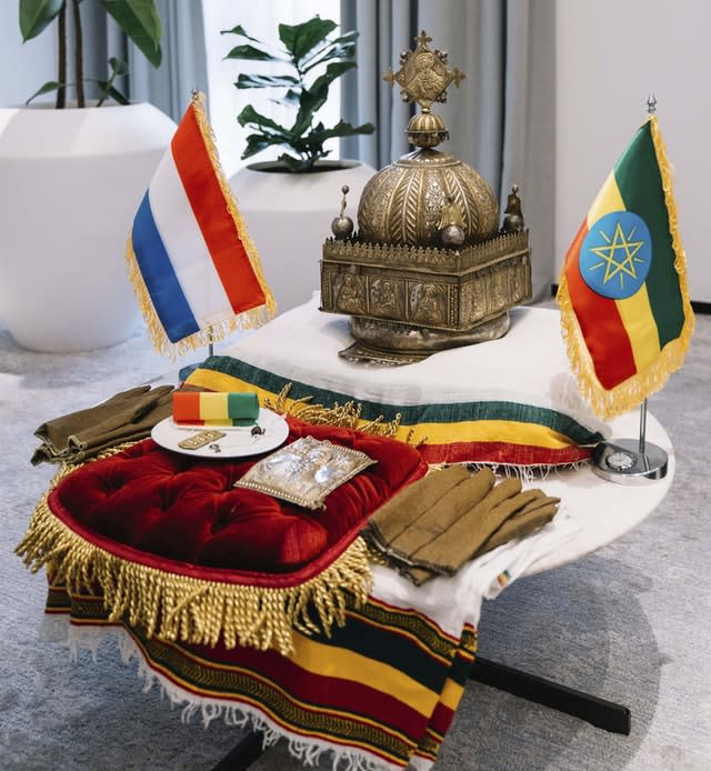 An ancient crown that was taken from Ethiopia many years ago inside the office of Ethiopian Prime Minister Abiy Ahmed