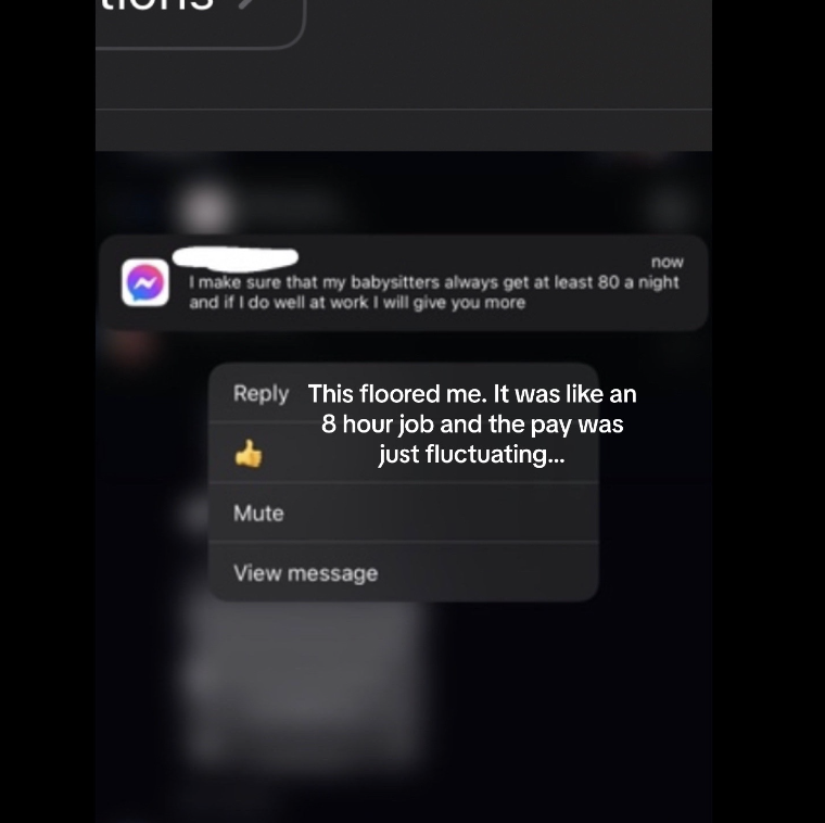 Text messages on a phone screen discussing babysitting rates with a reply expressing surprise