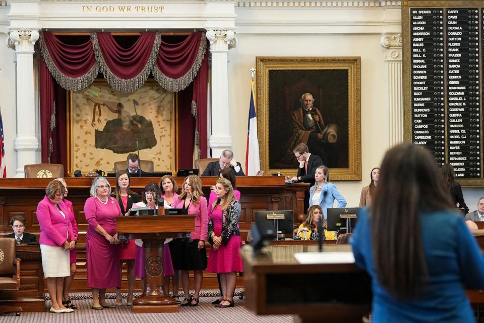 Rep. Valoree Swanson, center, voices her support Wednesday for SB 15. Several other Republican House members backing the bill, all wearing pink, joined her at the microphone.