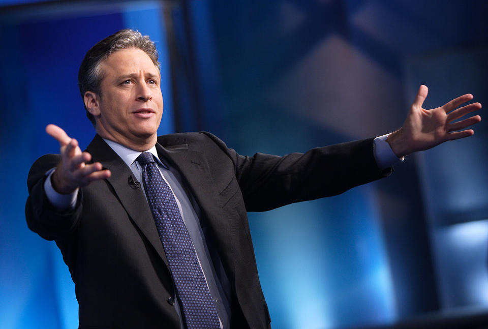 Jon Stewart hosting "The Daily Show" on Comedy Central.