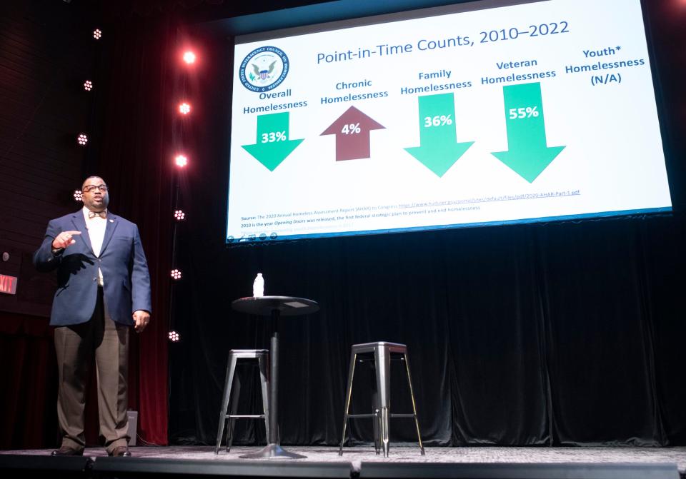 Dr. Joe Savage, Jr.,  a recognized leader in homelessness and social policy, shares the federal government's strategic plan to end homelessness during a CivicCon event at the REX Theatre on Tuesday, May 9, 2023. 