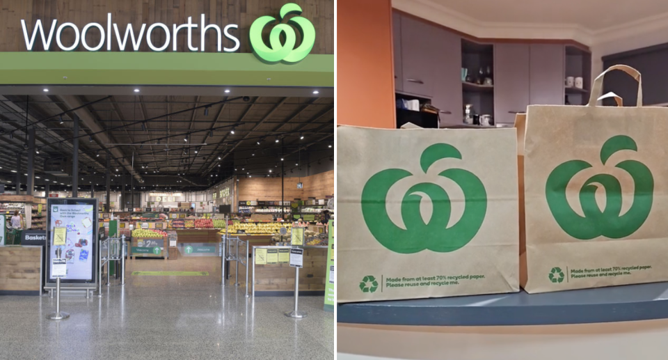 Left image shows the front of a Woolworths store. Right image is of the two Woolworths paper bags next to each other showing the size difference.