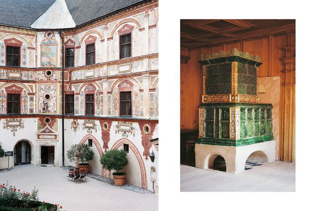<p>Jaka Bulc</p> From left: The courtyard of the 800-year-old Schloss Tratzberg; a tiled stove in the castleâ€™s former dance hall.