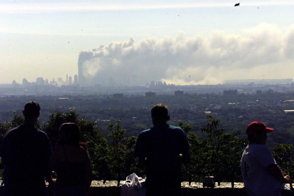 Collapse of the South Tower of the World Trade Center on Sept. 11, 2001, as seen from the Eagle Rock Reservation in Essex County, N.J.