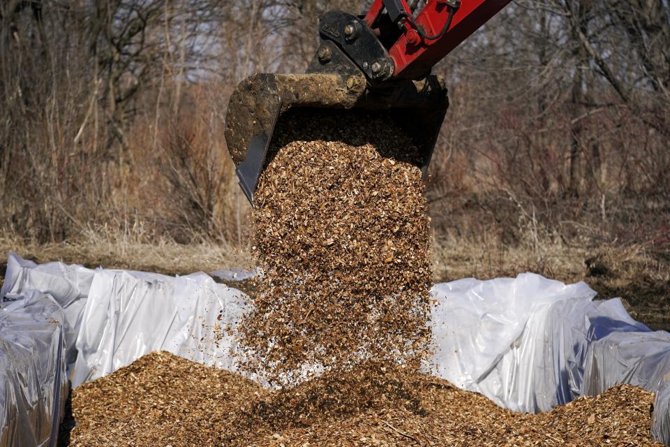 Workers install wood chips in a bioreactor trench in a farm field, Tuesday, March 28, 2023, near Roland, Iowa. Simple systems called bioreactors and streamside buffers help filter nitrates from rainwater before it can reach streams and rivers. (AP Photo/Charlie Neibergall)