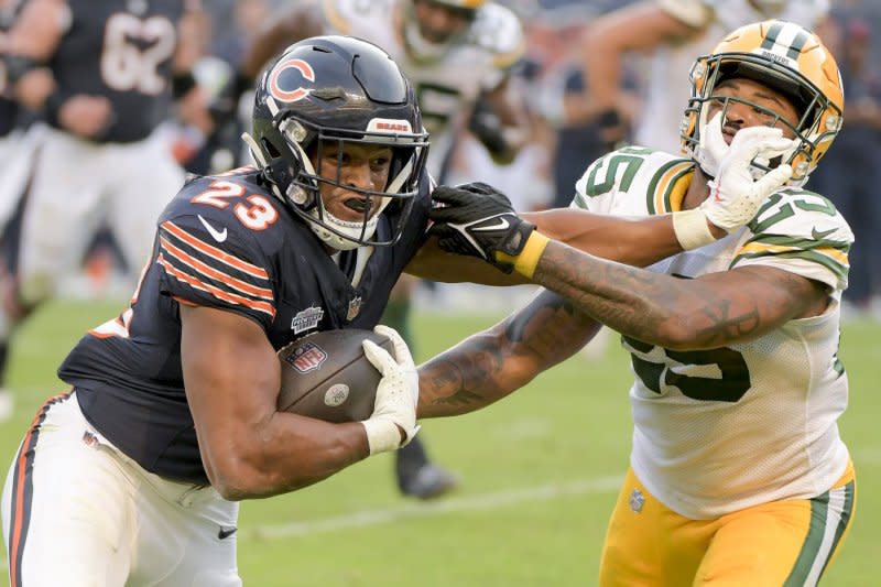 Chicago Bears running back Roschon Johnson (L) sat out in Week 6 because of a concussion, but could return in Week 7. File Photo by Mark Black/UPI