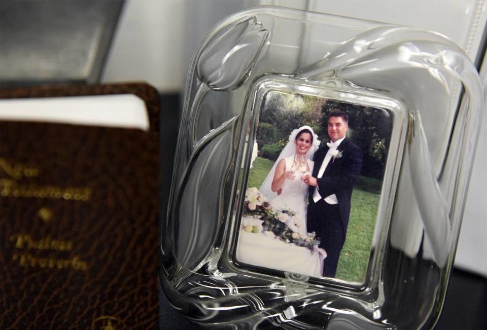A framed wedding photo of Laci and Scott Peterson in an office at Janey Peterson’s family business in Poway, Calif. in 2018.