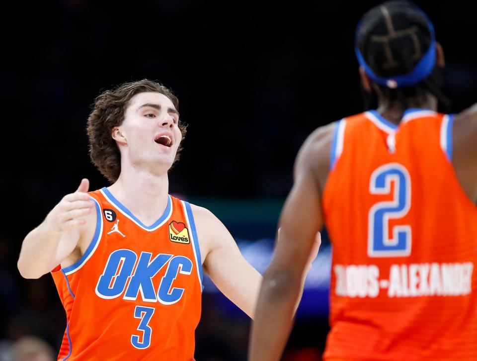 The Thunder's Josh Giddey celebrates a 3-point basket in the January 8 game against Dallas. SARAH PHIPPS/The Oklahoman