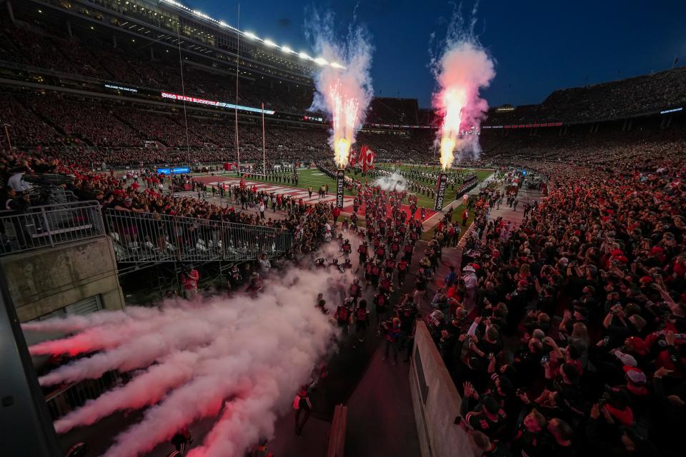 The Ohio State Buckeyes take the field prior their game against the Wisconsin Badgers at Ohio Stadium.