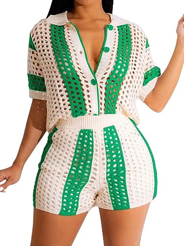 KANSOON Two Piece Summer Sets Knit Crochet Short-Sleeve Button Up Blouses and Shorts Outfits Tracksuit Green XL