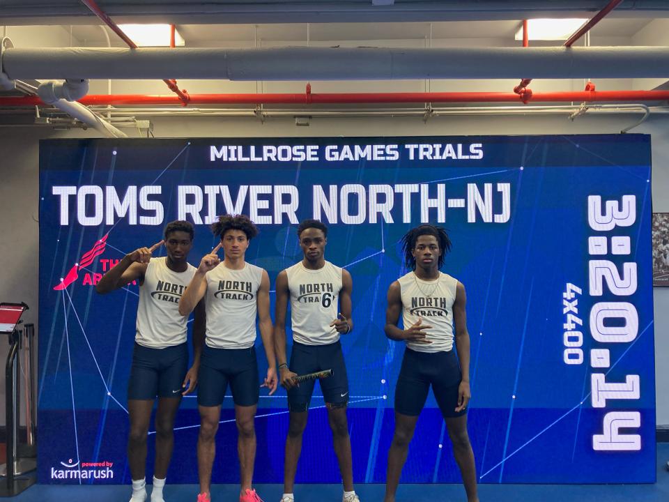 Toms River North boys 4x4 team (Mamadi Diawara, Camryn Thomas, Lowrentzky Ambroise, Mordecai Ford) respectively