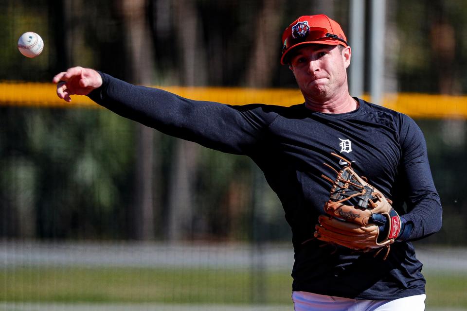 Detroit Tigers infielder Colt Keith practices during spring training at TigerTown in Lakeland, Fla. on Tuesday, Feb. 20, 2024.