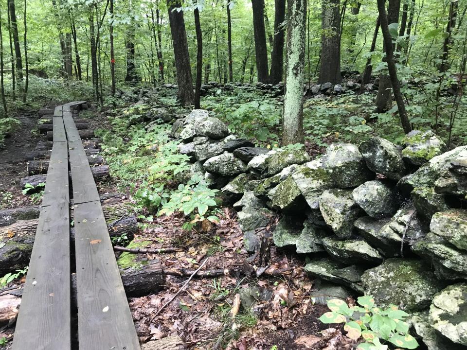 A plank bridge on cut logs parallels a stone wall that remains from when Colonial farmers owned the land.