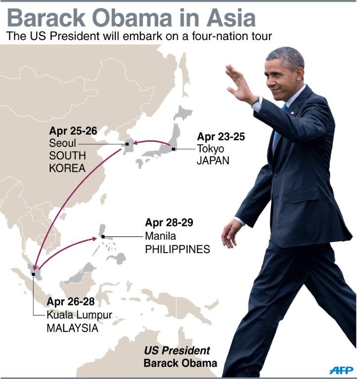 Map showing the four Asian countries that US President Barack Obama will visit starting on Wednesday