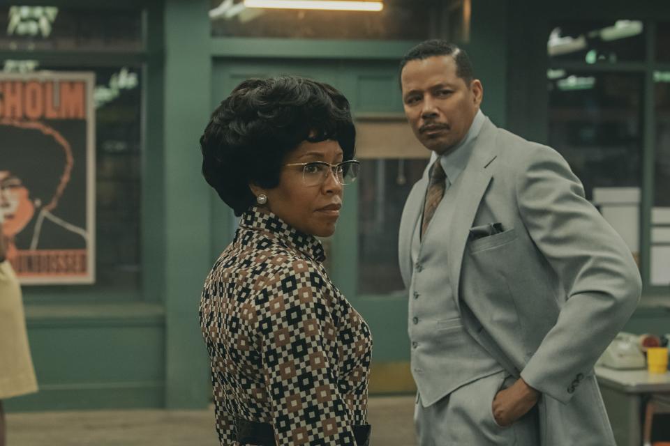 Shirley Chisholm (Regina King) confers with top aide Arthur Hardwick Jr. (Terrence Howard) in a scene from "Shirley." The movie, centered on Chisholm's historic run for the Democratic nomination for president in 1972, debuts on Netflix March 22.