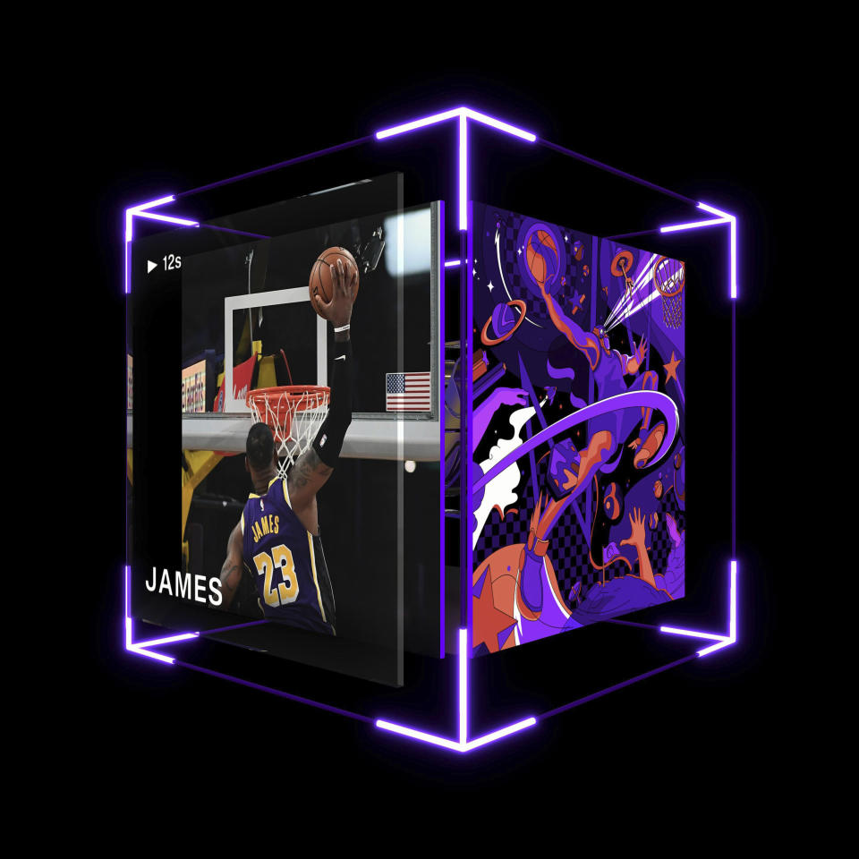 This image provided by Dapper Labs shows a LeBron James digital trading card. Just a few months ago, almost no one would have paid actual money for a digital image that could be copied for free. But sports trading cards have gone convincingly virtual thanks to a clever use of the technology that underlies Bitcoin and similar cryptocurrencies. These virtual collectible cards -- spinning, floating digital cubes that each feature a video highlight of an NBA player. (Dapper Labs via AP)