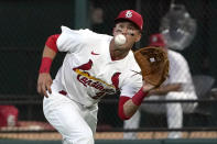 St. Louis Cardinals right fielder Lars Nootbaar catches a line drive by Miami Marlins' Jesus Aguilar during the sixth inning of a baseball game Wednesday, June 29, 2022, in St. Louis. (AP Photo/Jeff Roberson)