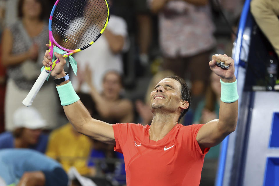 Rafael Nadal of Spain reacts after winning his match against Jason Kubler of Australia during the Brisbane International tennis tournament in Brisbane, Australia, Thursday, Jan. 4, 2024. (AP Photo/Tertius Pickard)