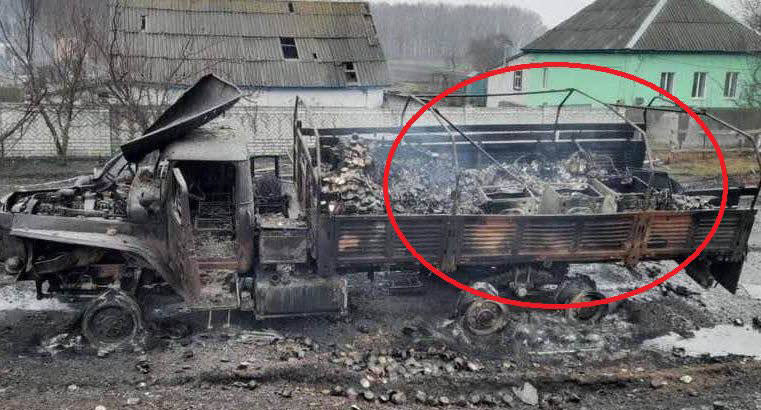 Russian truck immobilised by Ukraine on road in Bucha, a suburb north of Kyiv