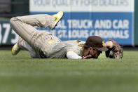 San Diego Padres right fielder Wil Myers is unable to catch and RBI double by St. Louis Cardinals' Edmundo Sosa during the fifth inning of a baseball game Sunday, Sept. 19, 2021, in St. Louis. (AP Photo/Jeff Roberson)