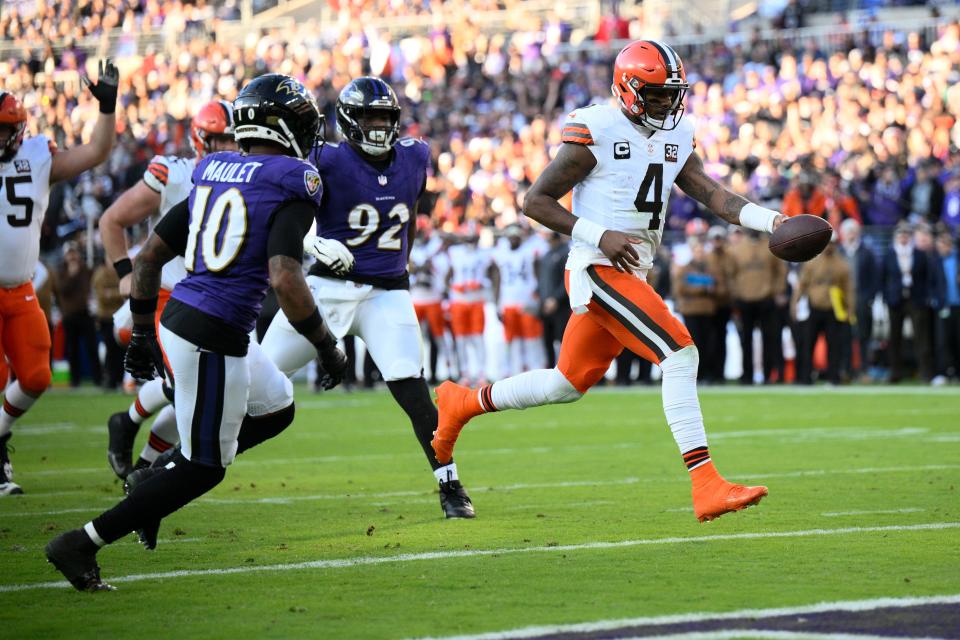 Cleveland Browns quarterback Deshaun Watson converts a two-point conversion against the Baltimore Ravens during the second half on an NFL football game Sunday, Nov. 12, 2023, in Baltimore. (AP Photo/Nick Wass)