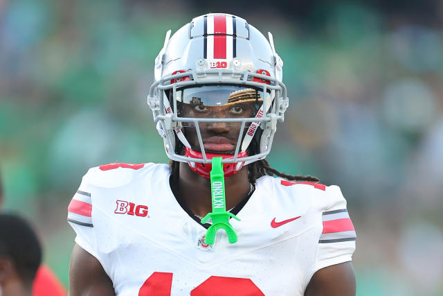 Ohio State wide receiver Marvin Harrison, Jr. runs after a catch