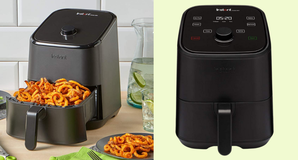 Two pictures of a black Instant Pot Air Fryer, one with crisp cooked twists of calamari or vegetables.