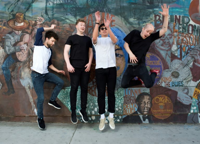 Musicians Wannes Salome, Koen Van de Wardt, Jun C. Villanueva and Jobo Engh of the Dutch band Klangstof pose in Hollywood, California, days before they kick off the Coachella music festival