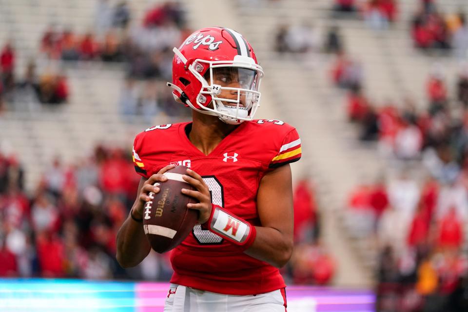 Maryland quarterback Taulia Tagovailoa warms up during the second half of an NCAA college football game against Michigan State, Saturday, Oct. 1, 2022, in College Park, Md. (AP Photo/Julio Cortez)