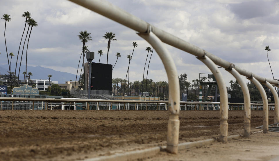 The home stretch race track is empty at Santa Anita Park in Arcadia, Calif., Thursday, March 7, 2019. Extensive testing of the dirt track is under way at eerily quiet Santa Anita, where the deaths of 21 thoroughbreds in two months has forced the indefinite cancellation of horse racing and thrown the workaday world of trainers, jockeys and horses into disarray. (AP Photo/Damian Dovarganes)